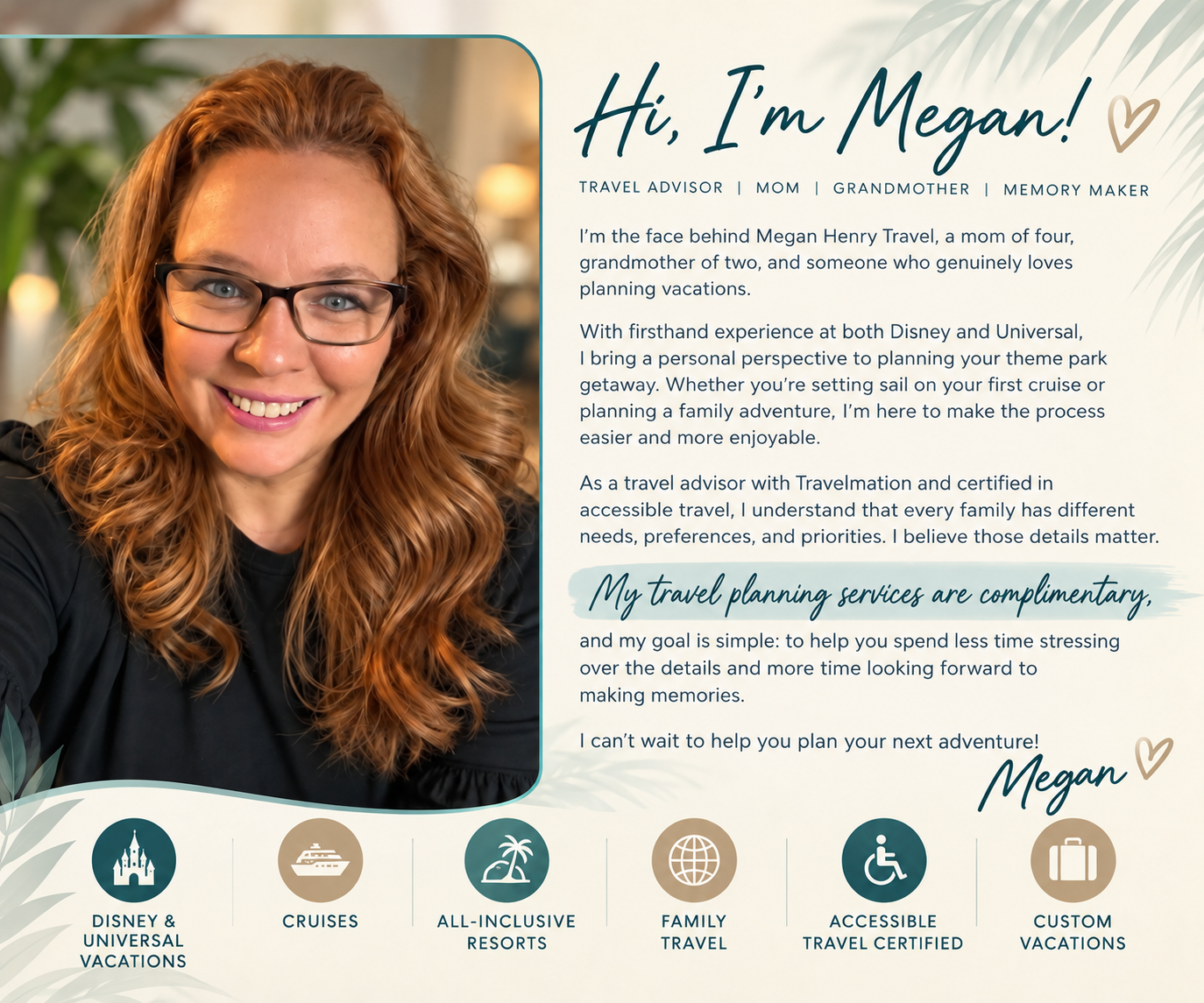 Meet Megan: Megan Henry’s portrait and introduction, with Disney and Universal vacations, cruises, all-inclusive resorts, family travel, accessible travel, and custom vacation specialties.